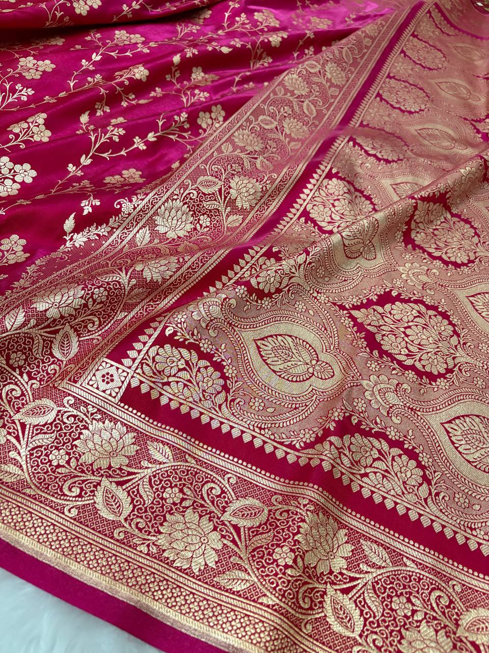 Rani Pink Satin Silk Banarasi Saree with Jaal Pattern