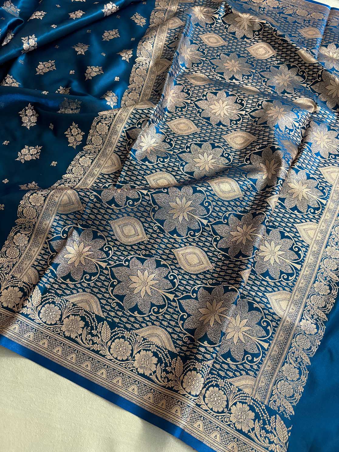 Teal Blue Satin Silk Saree Banarasi Motif