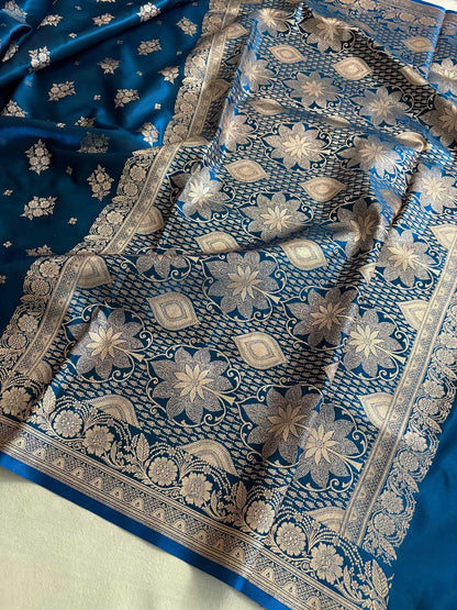 Teal Blue Satin Silk Saree Banarasi Motif