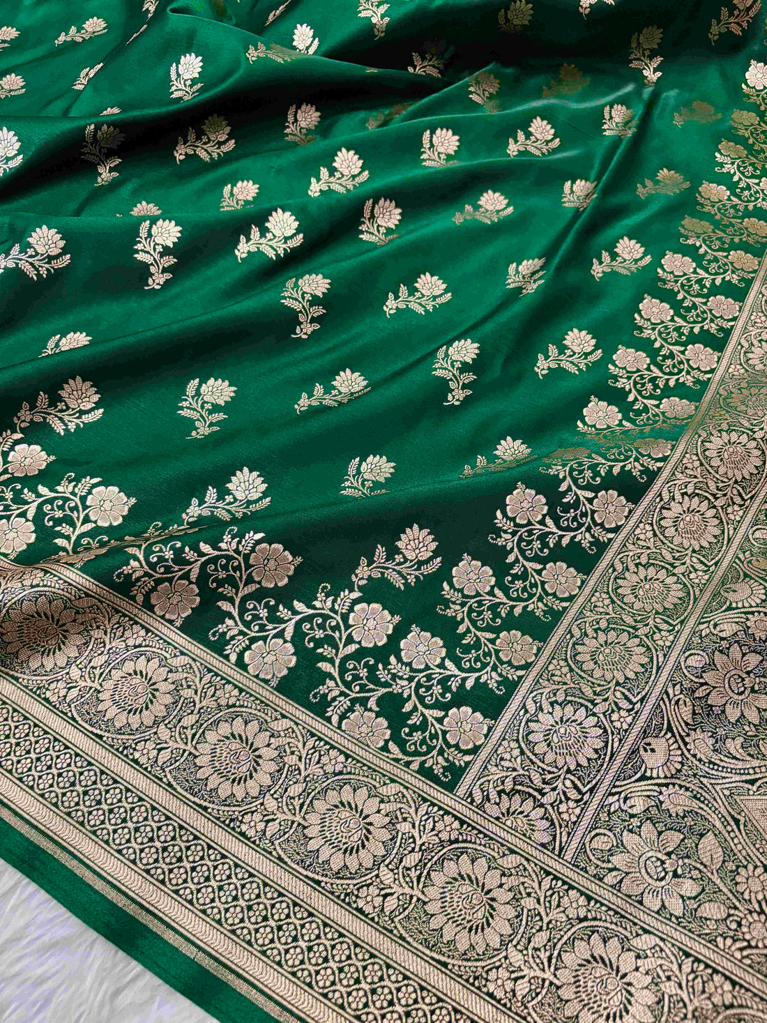 Green with Golden Zari Work and Rose Buti Design Satin Silk Banarasi Saree
