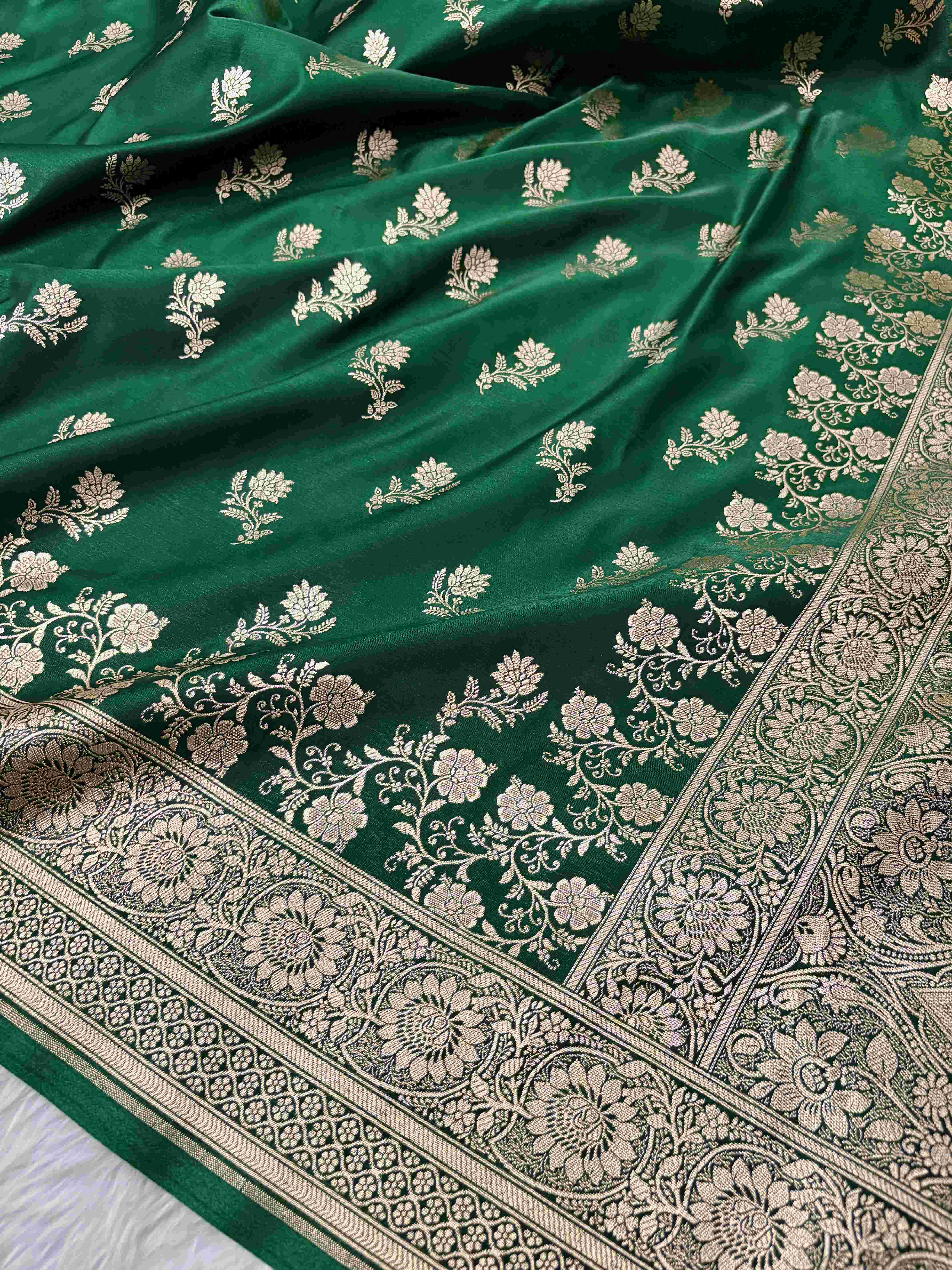 Green with Golden Zari Work and Rose Buti Design Satin Silk Banarasi Saree
