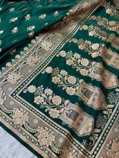 Teal Green Satin Silk Banarasi Saree – Full Golden Zari Buti Work