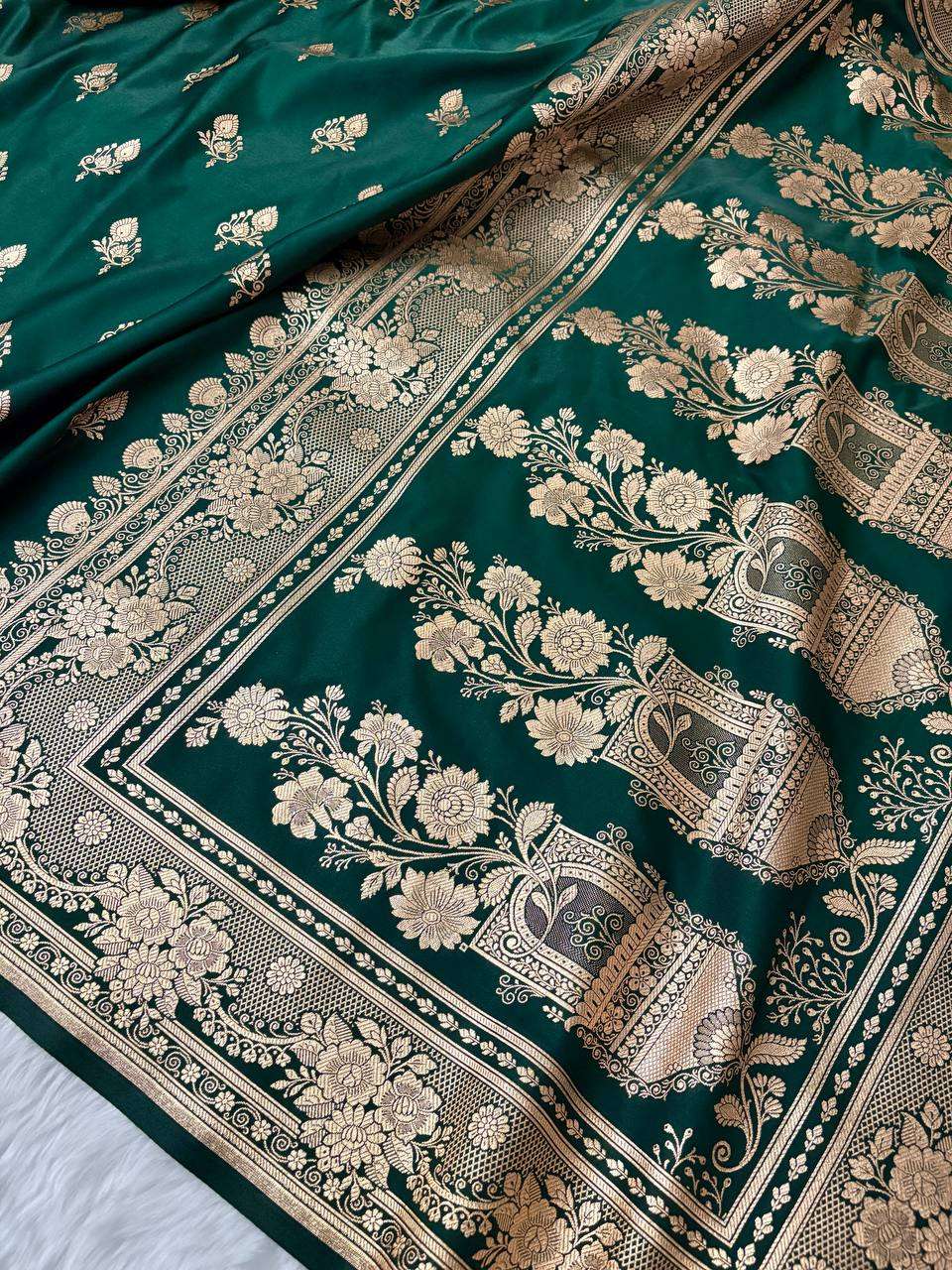 Teal Green Satin Silk Banarasi Saree – Full Golden Zari Buti Work