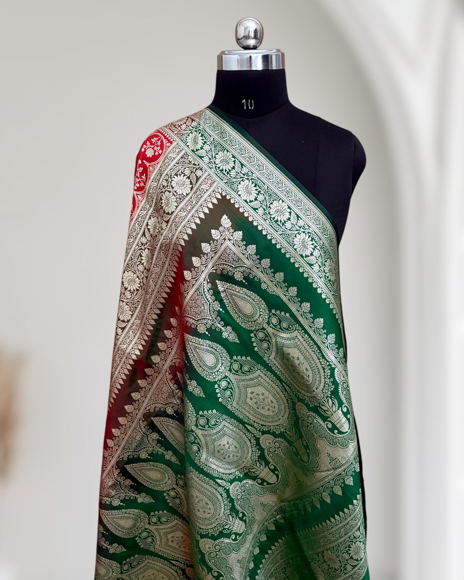 Red with Green Pallu & Border Satin Silk Banarasi Saree