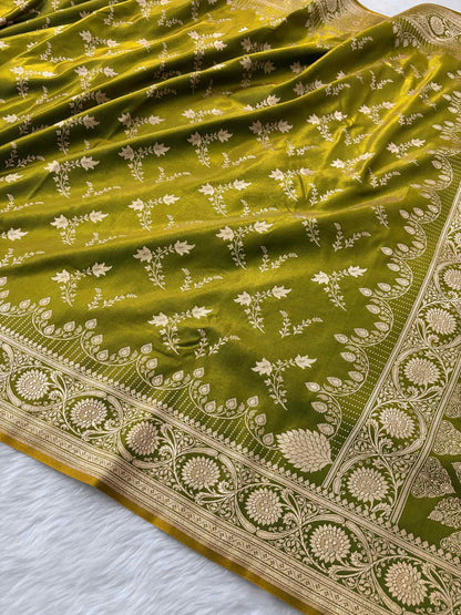 Mehdi Green Motif Satin Silk Banarasi Saree