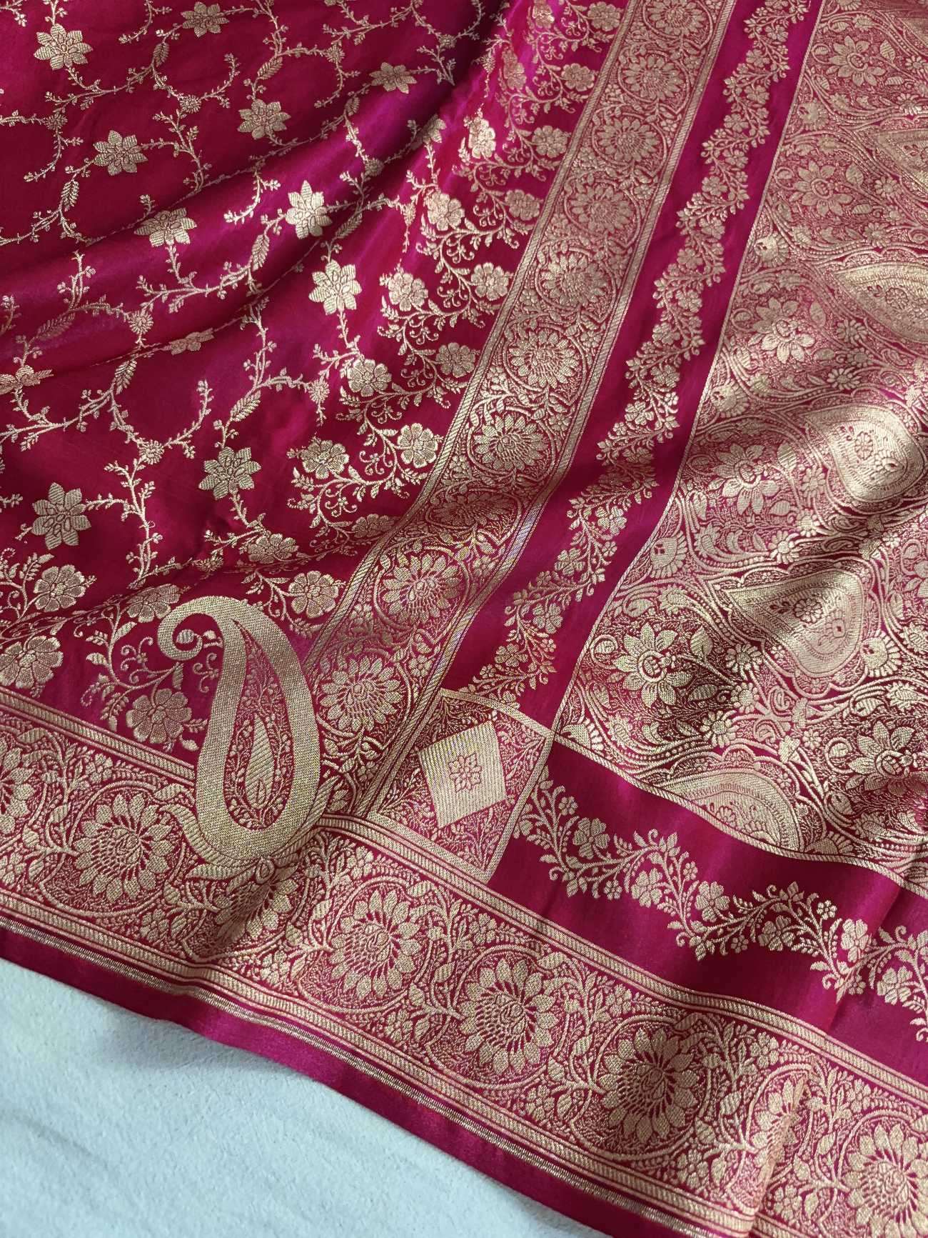 Rani Pink Satin Silk Banarasi Saree Floral Swarna Latika Jaal