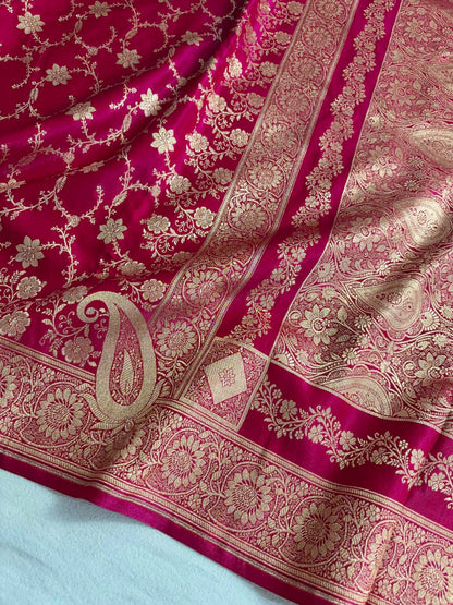Rani Pink Satin Silk Banarasi Saree Floral Swarna Latika Jaal
