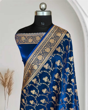 Satin Silk Saree Banarasi Jaal in Teal Blue Shades