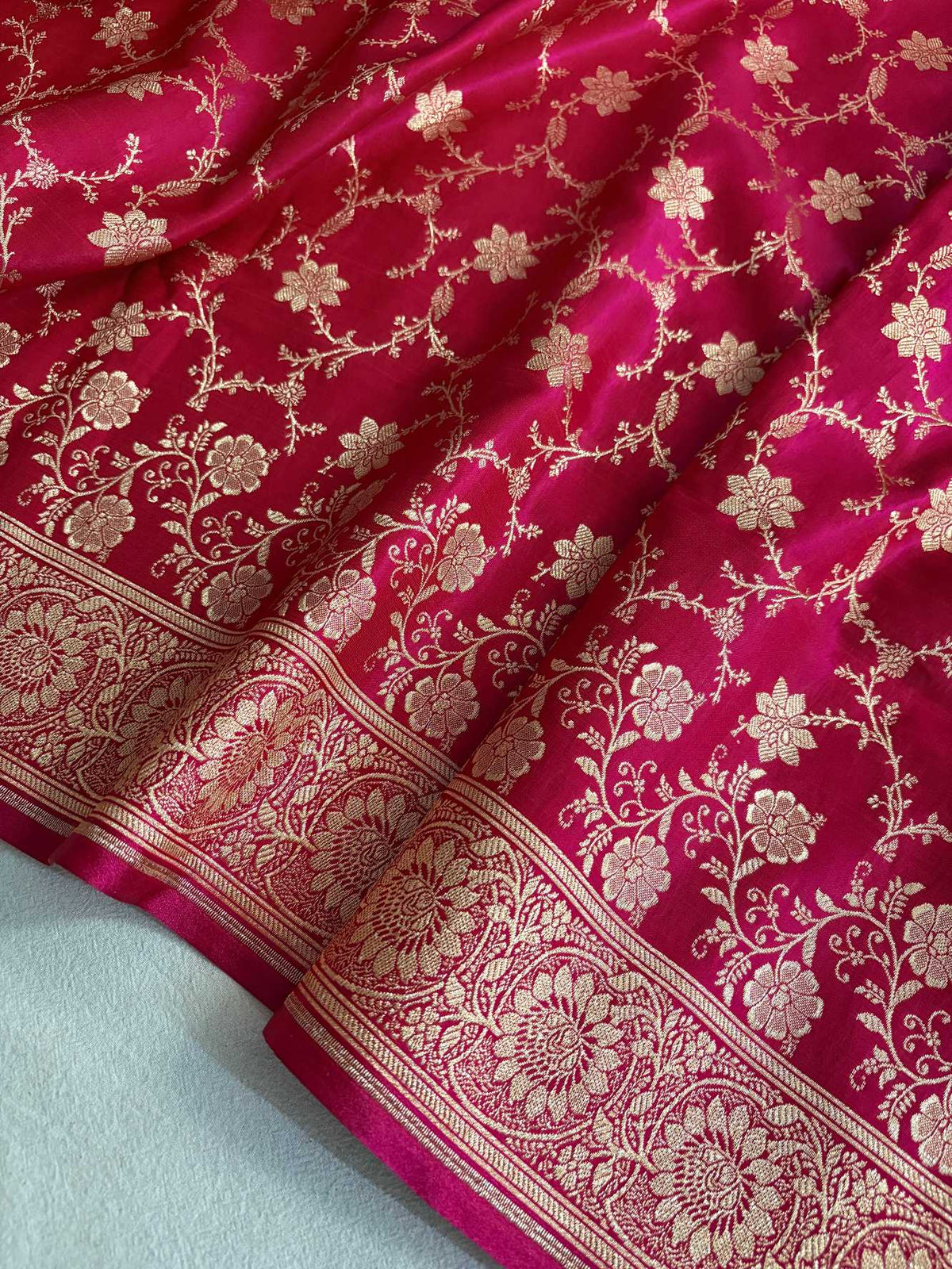 Rani Pink Satin Silk Banarasi Saree Floral Swarna Latika Jaal