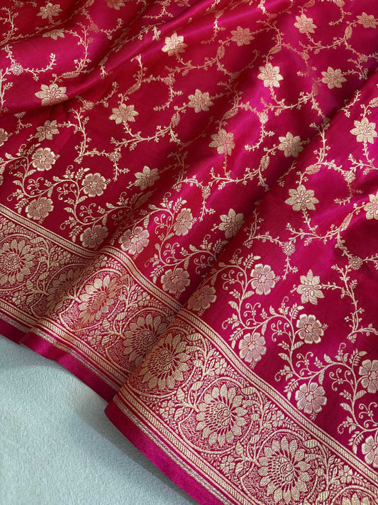 Rani Pink Satin Silk Banarasi Saree Floral Swarna Latika Jaal