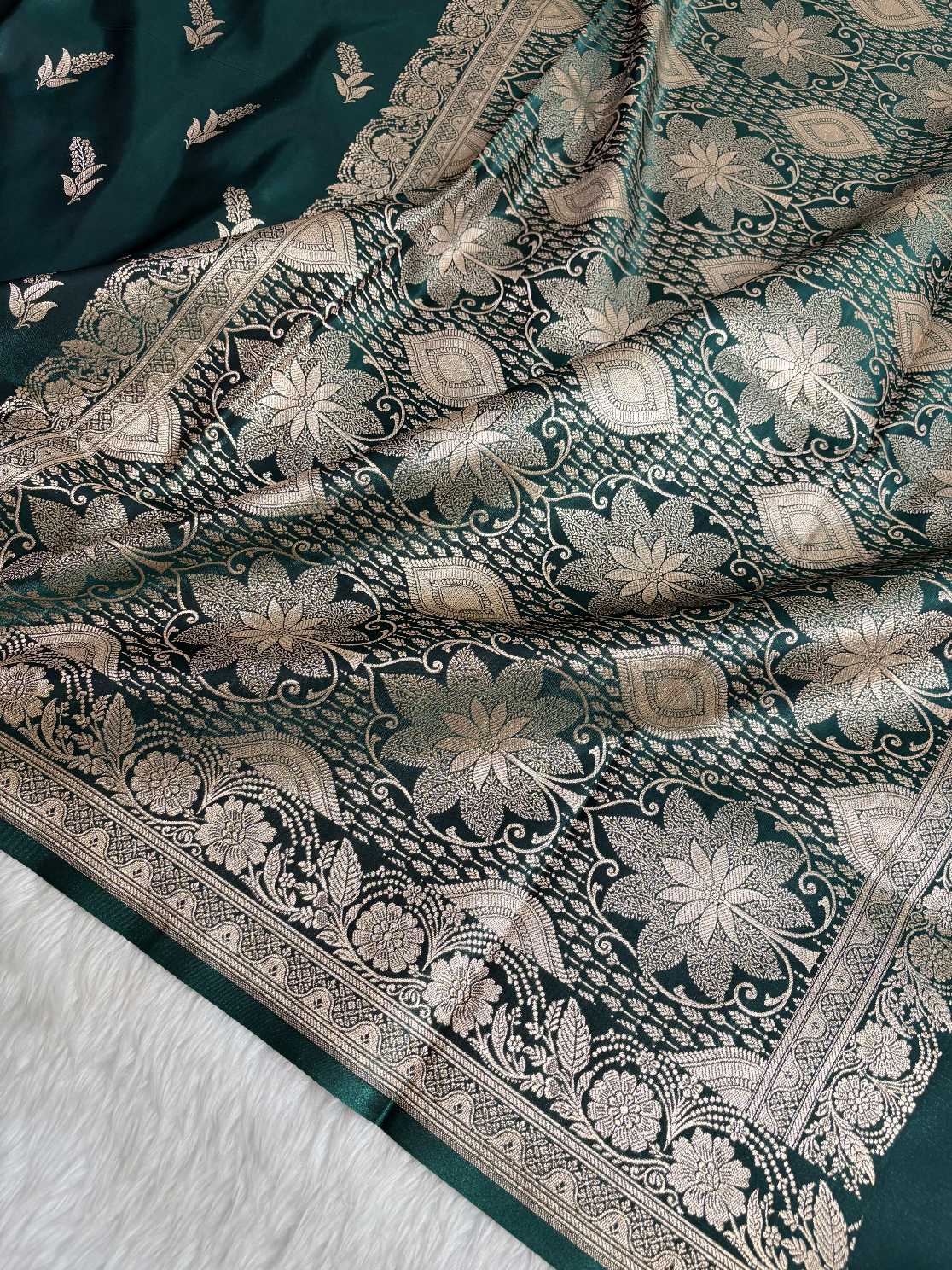 Phanki Motif Teal Green Satin Silk Banarasi Saree with Golden Zari
