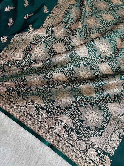 Phanki Motif Teal Green Satin Silk Banarasi Saree with Golden Zari