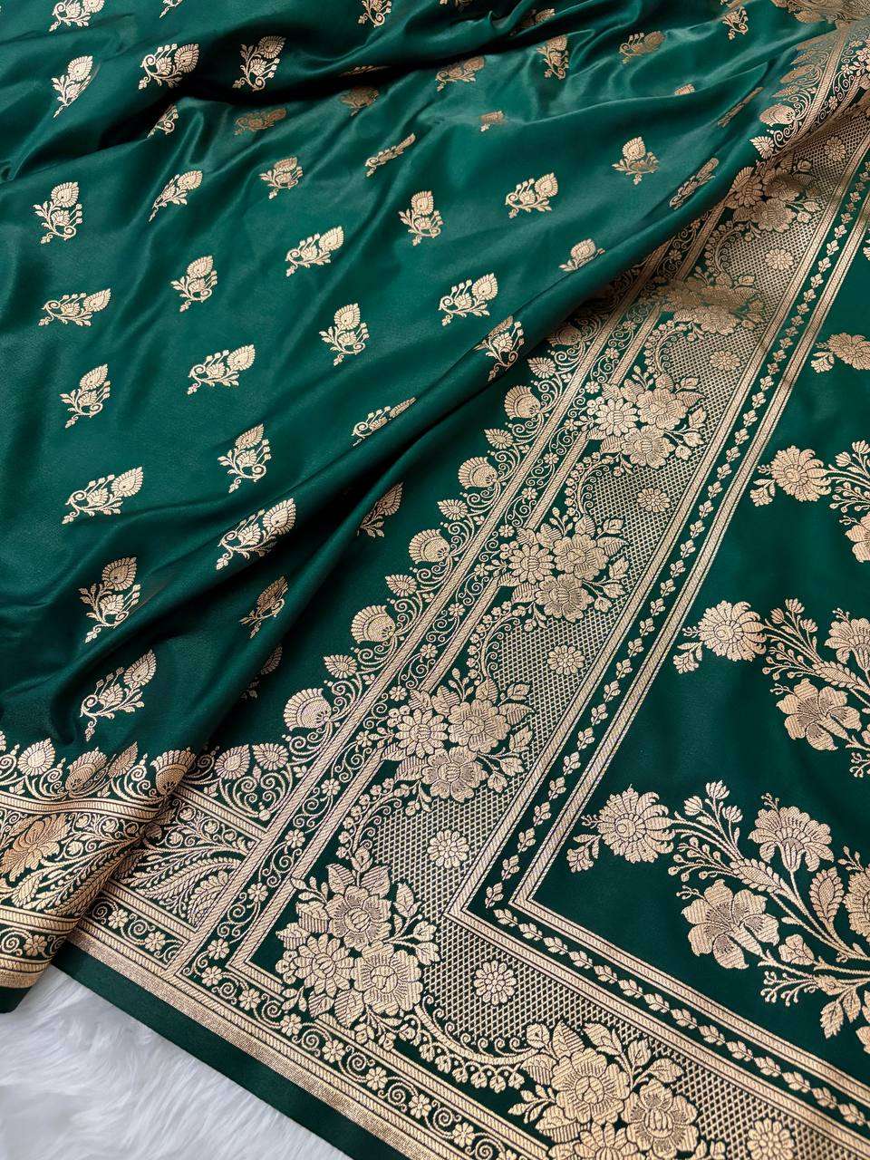 Teal Green Satin Silk Banarasi Saree – Full Golden Zari Buti Work