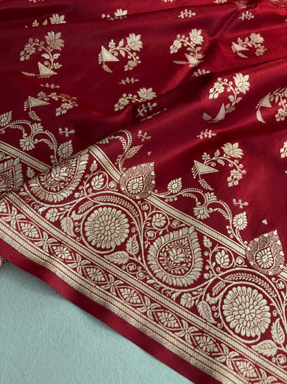 Maroon Shaded Fancy Motif Satin Silk Banarasi Saree