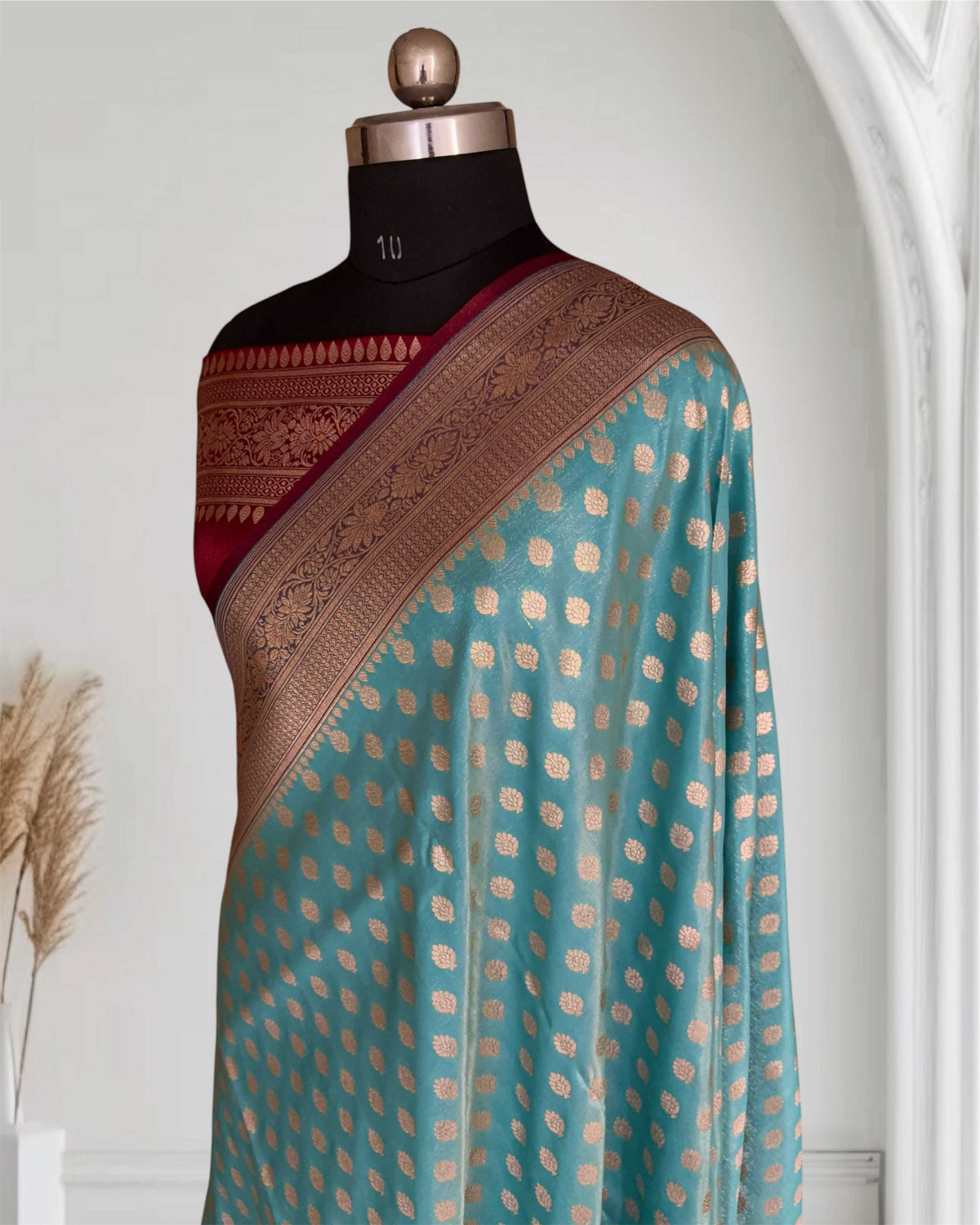 Light Firozi & Maroon Motif Satin Silk Banarasi Saree