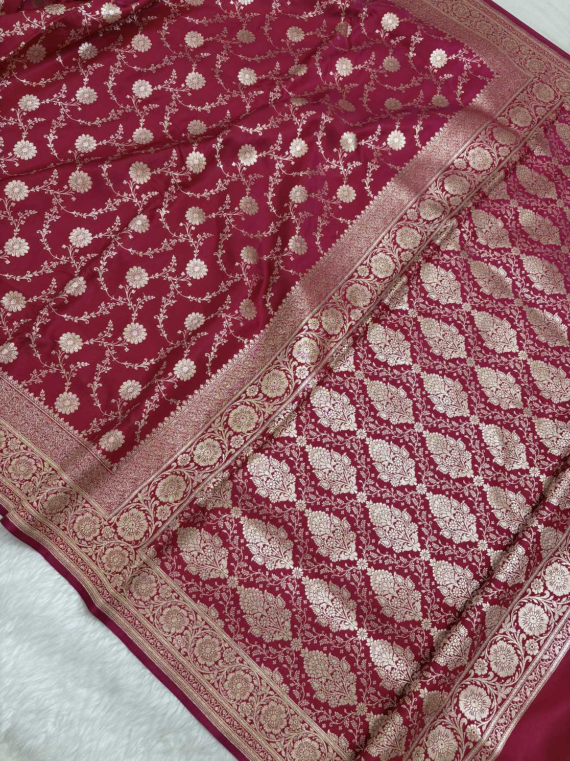 Rani Pink Satin Silk Banarasi Saree with Golden Zari Floral Bel Jaal