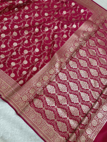 Rani Pink Satin Silk Banarasi Saree with Golden Zari Floral Bel Jaal