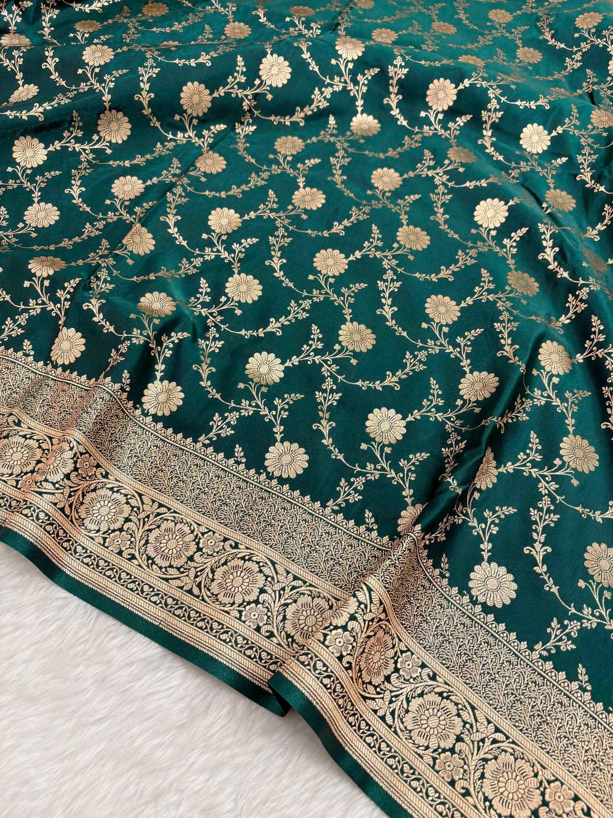 Teal Green Satin Silk Banarasi Saree with Golden Zari Floral Bel Jaal