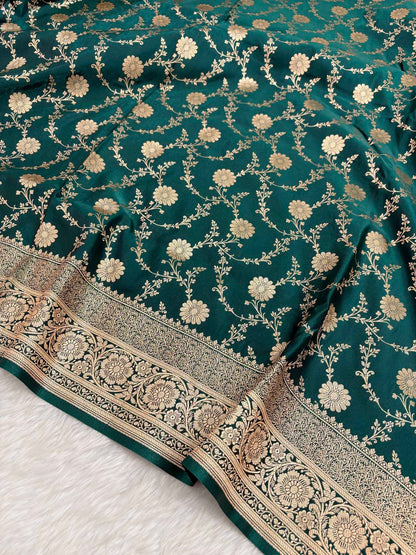 Teal Green Satin Silk Banarasi Saree with Golden Zari Floral Bel Jaal