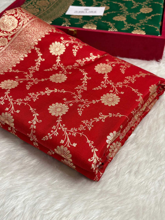 Red Satin Silk Banarasi Saree with Golden Zari Floral Bel Jaal