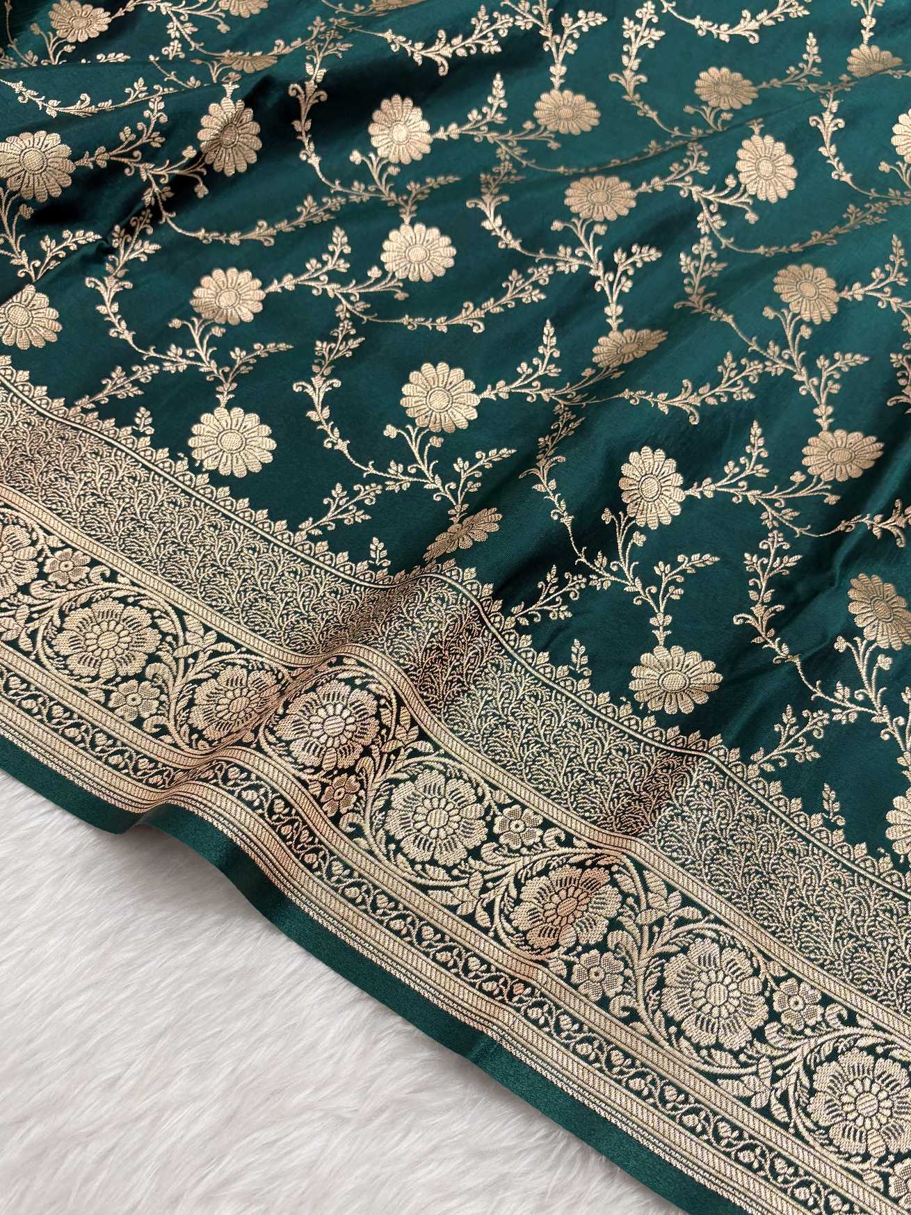 Teal Green Satin Silk Banarasi Saree with Golden Zari Floral Bel Jaal