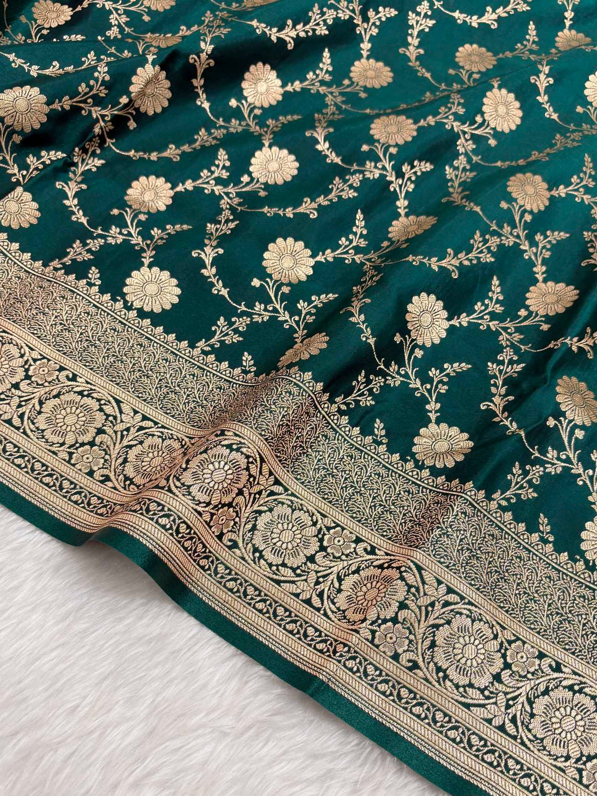 Teal Green Satin Silk Banarasi Saree with Golden Zari Floral Bel Jaal