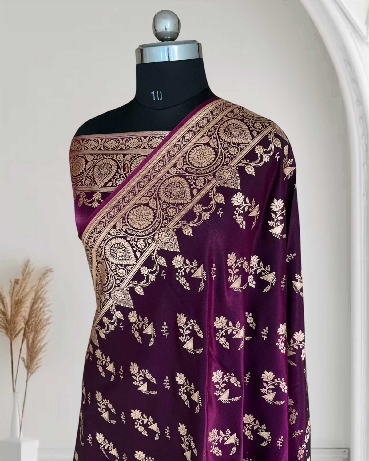 Wine Shaded Fancy Motif Satin Silk Banarasi Saree