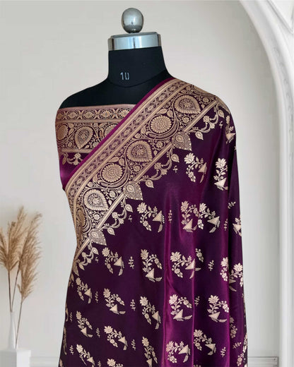 Wine Shaded Fancy Motif Satin Silk Banarasi Saree