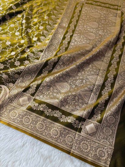 Mehdi Green Satin Silk Banarasi Saree Floral Swarna Latika Jaal