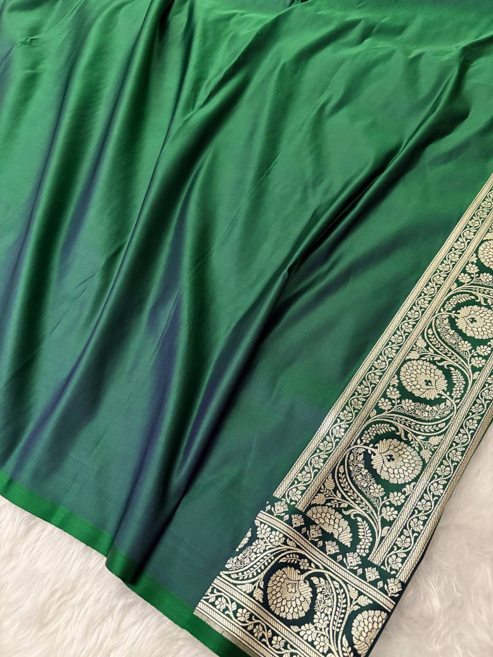 Teal Green Kataan Silk Banarasi Saree – Silver Zari Floral Jaal Pattern