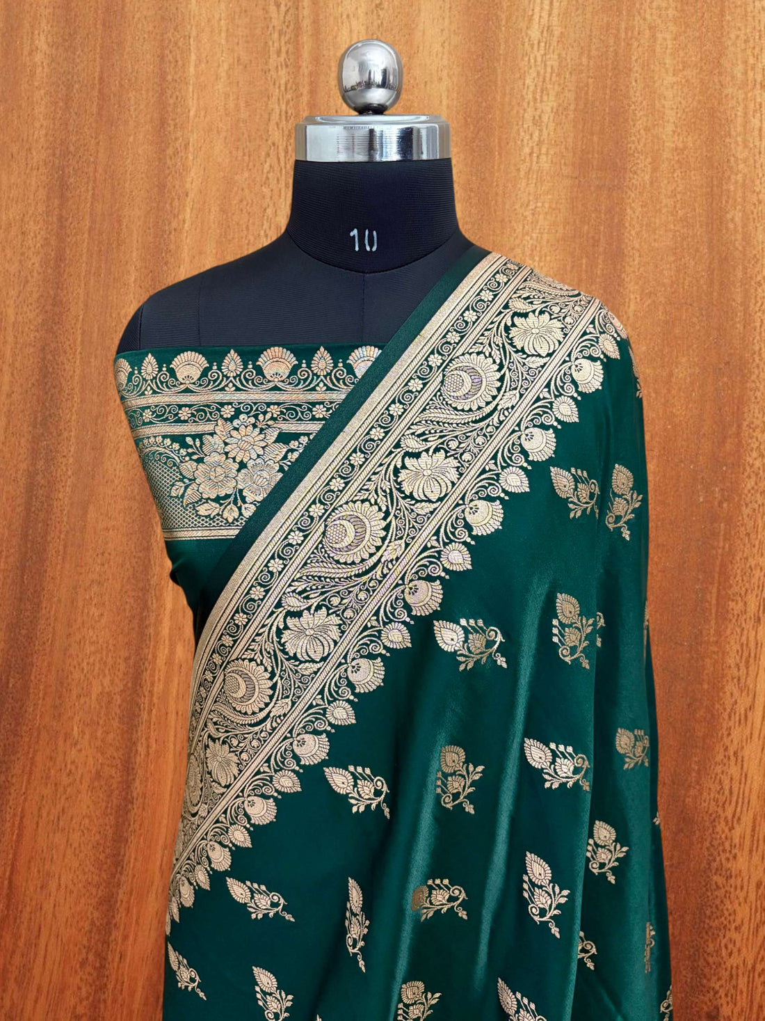 Teal Green Satin Silk Banarasi Saree – Full Golden Zari Buti Work