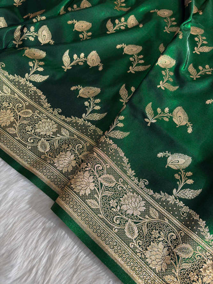 MorPhank Botel Green Satin Silk Banarasi Saree with Golden Zari