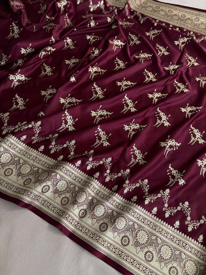 Brown Soft Kataan Silk Banarasi Saree Light Gold Work