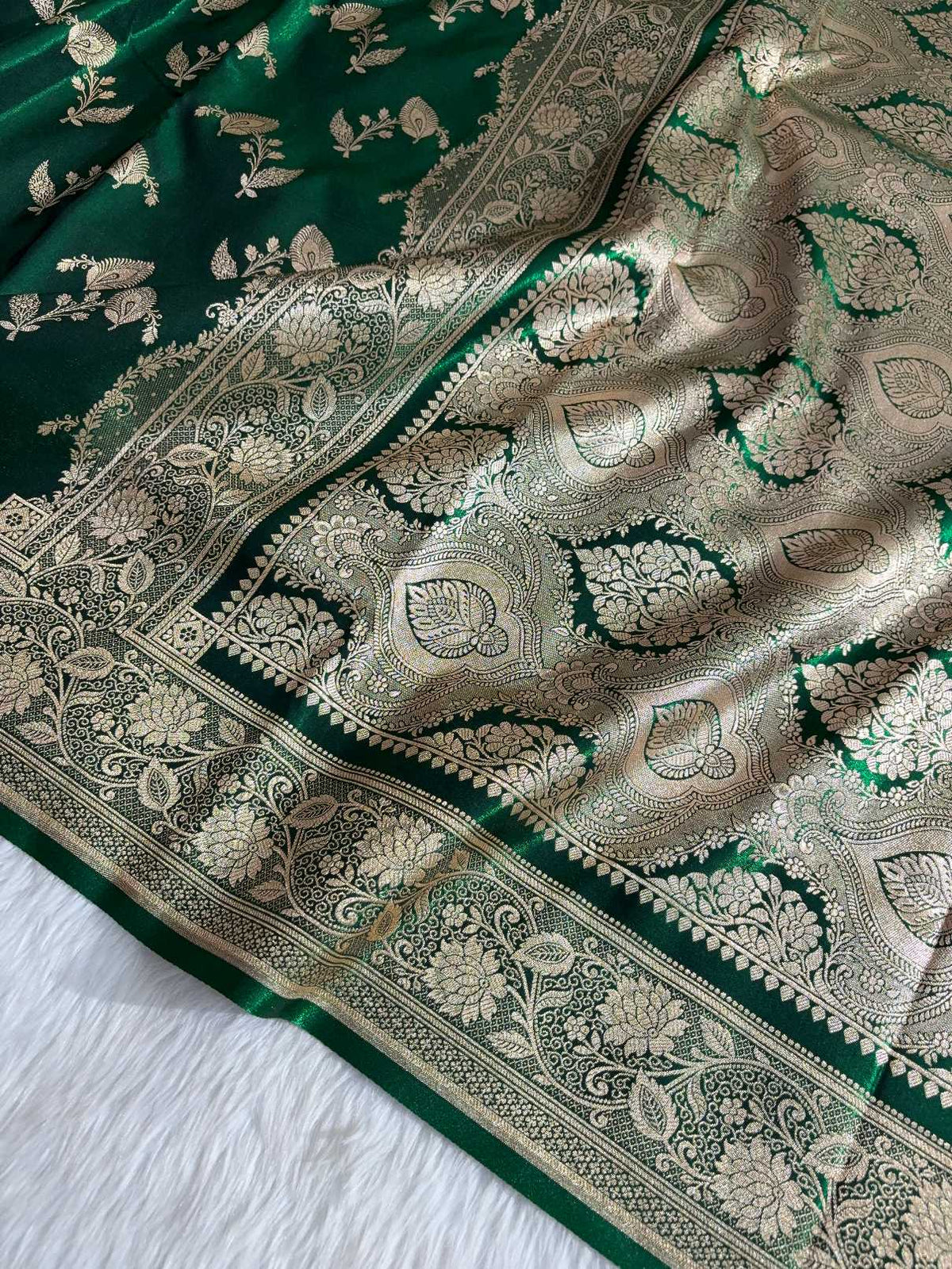MorPhank Botel Green Satin Silk Banarasi Saree with Golden Zari