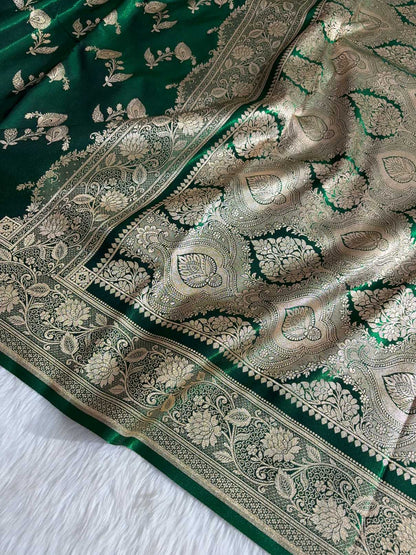 MorPhank Botel Green Satin Silk Banarasi Saree with Golden Zari