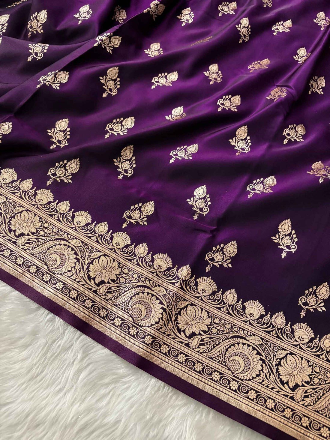 Purple Satin Silk Banarasi Saree – Full Golden Zari Buti Work
