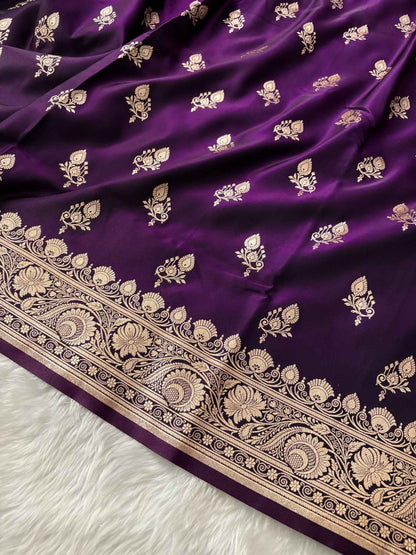 Purple Satin Silk Banarasi Saree – Full Golden Zari Buti Work