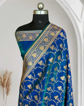 Satin Silk Saree Banarasi Jaal in Peacock blue Shades