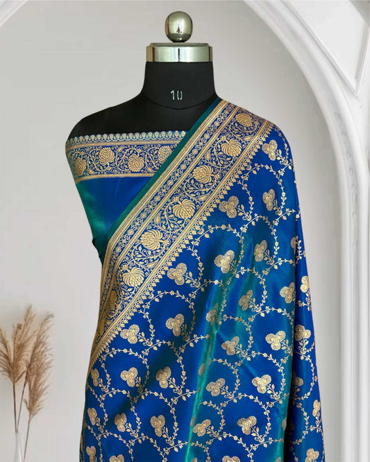 Satin Silk Saree Banarasi Jaal in Peacock blue Shades