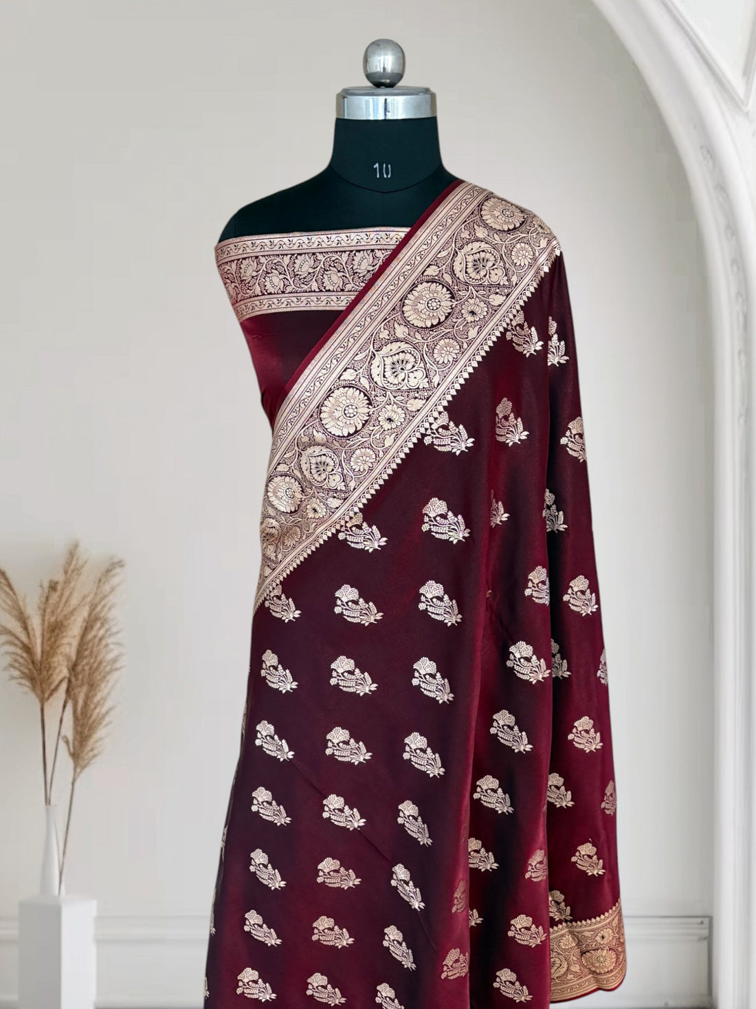 Dark Maroon Satin Silk Banarasi Fancy Motif Saree
