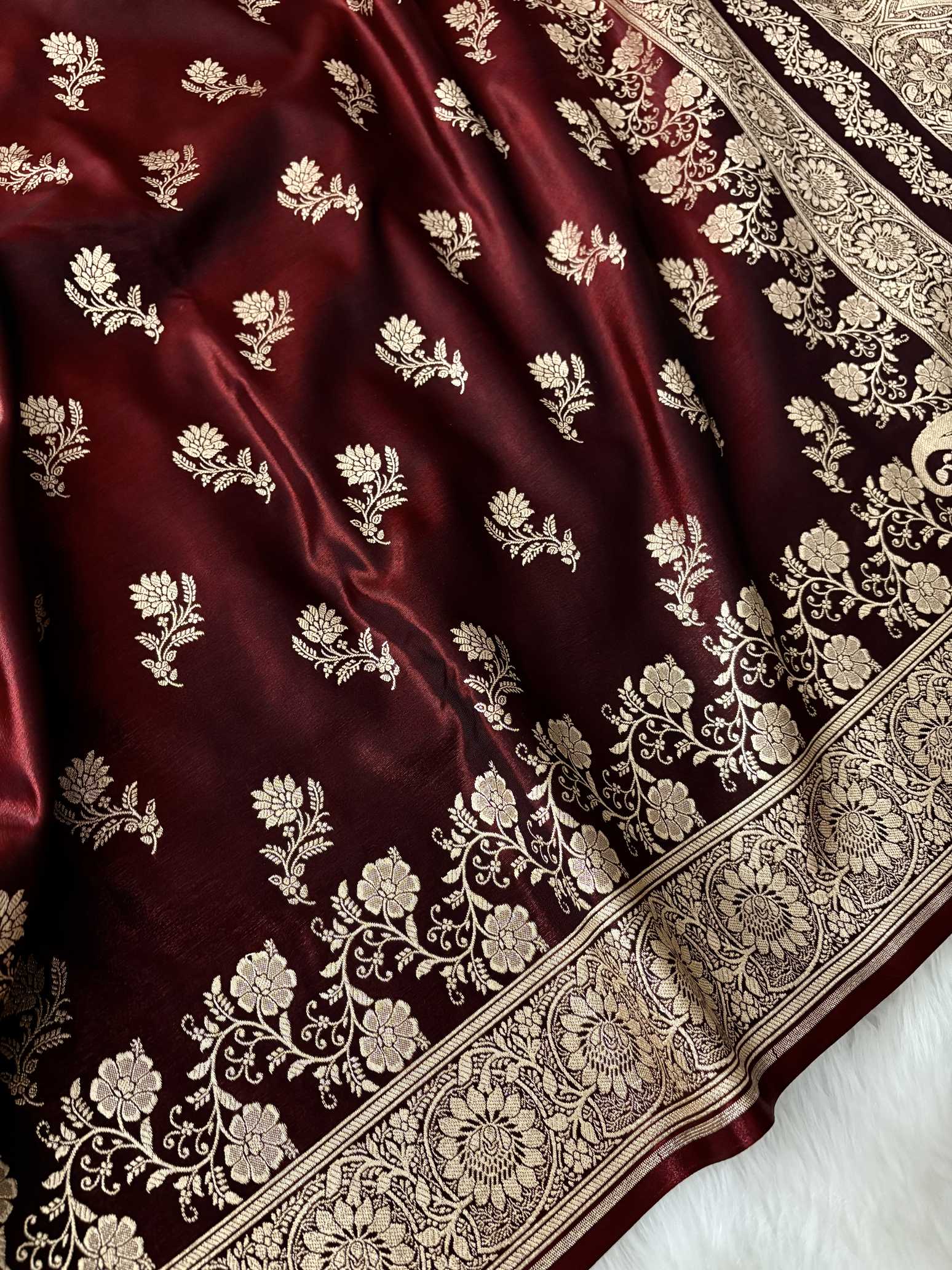 Dark Maroon Satin Silk Banarasi Fancy Saree