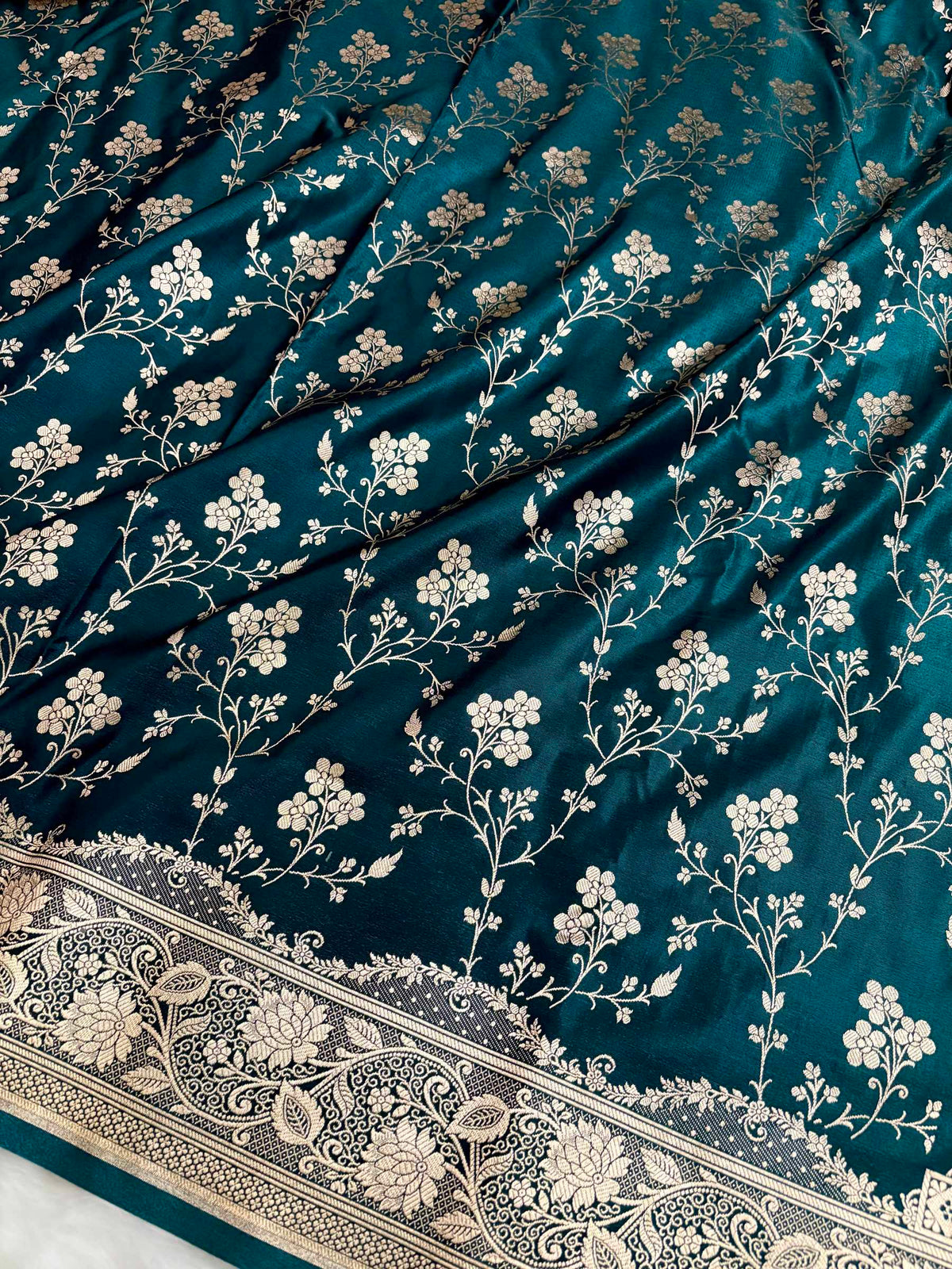 Teal Green Satin Silk Banarasi Saree in Jaal Pattern - Zohra Silk