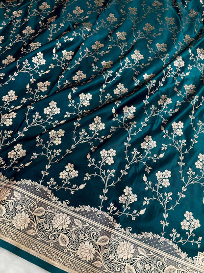 Teal Green Satin Silk Banarasi Saree in Jaal Pattern - Zohra Silk