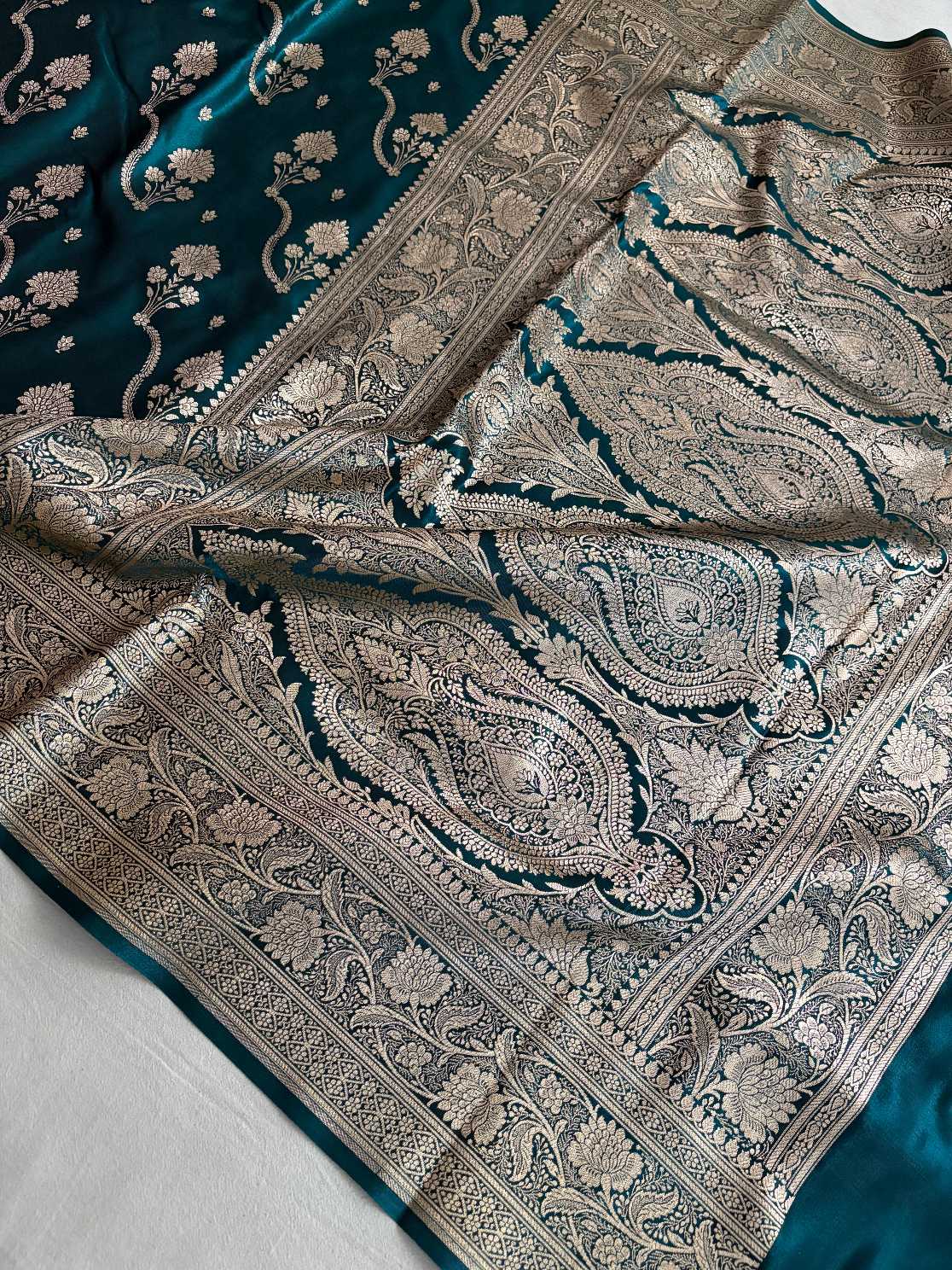 Teal Fancy Satin Silk Banarasi Saree – Tircha Jaal