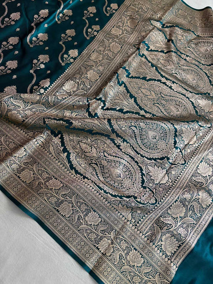 Teal Fancy Satin Silk Banarasi Saree – Tircha Jaal