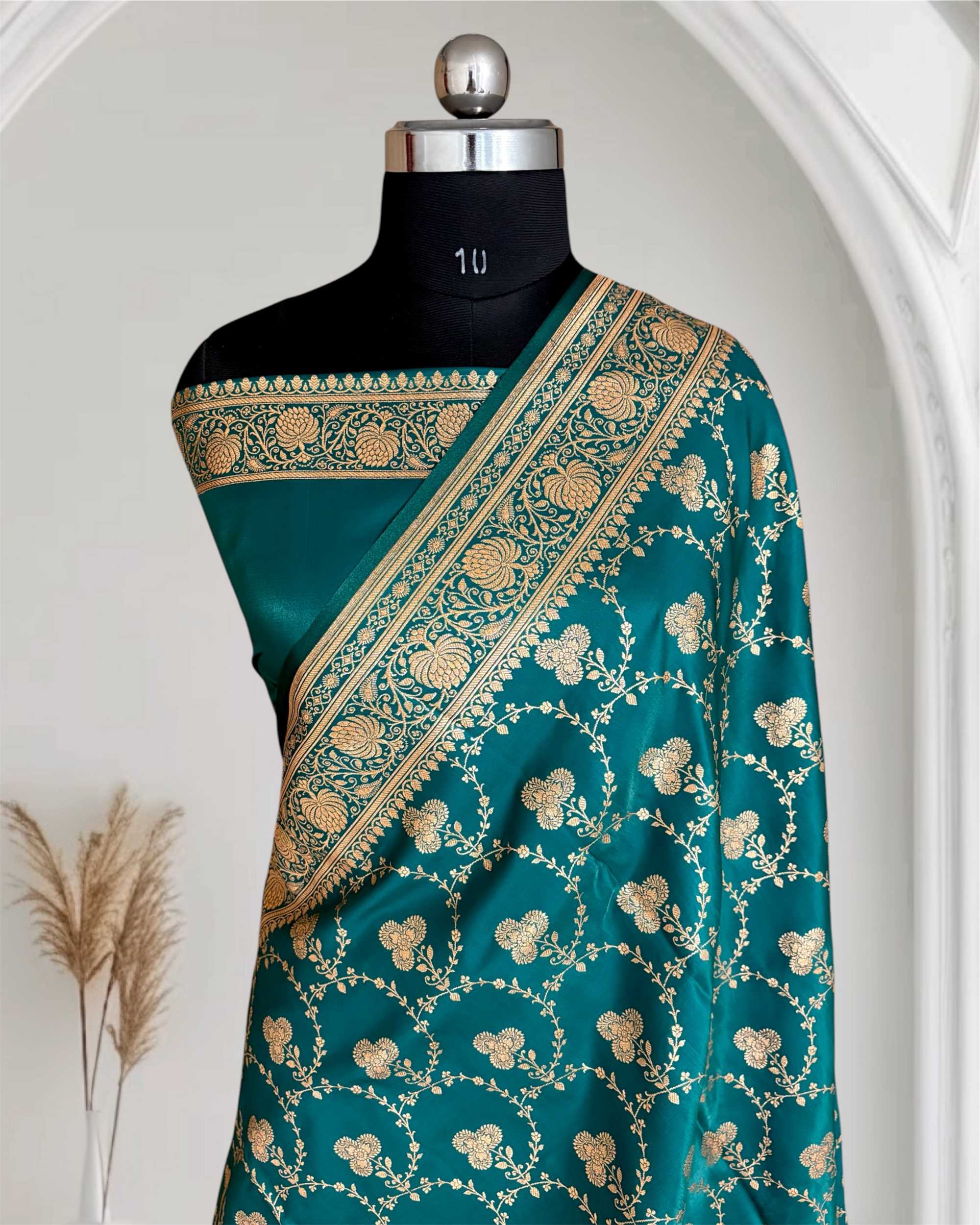 Satin Silk Saree Banarasi Jaal in Rama Green Shades