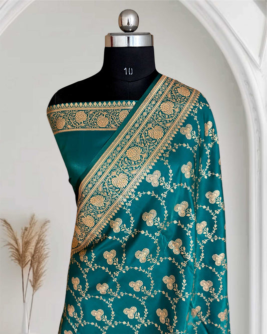 Satin Silk Saree Banarasi Jaal in Rama Green Shades
