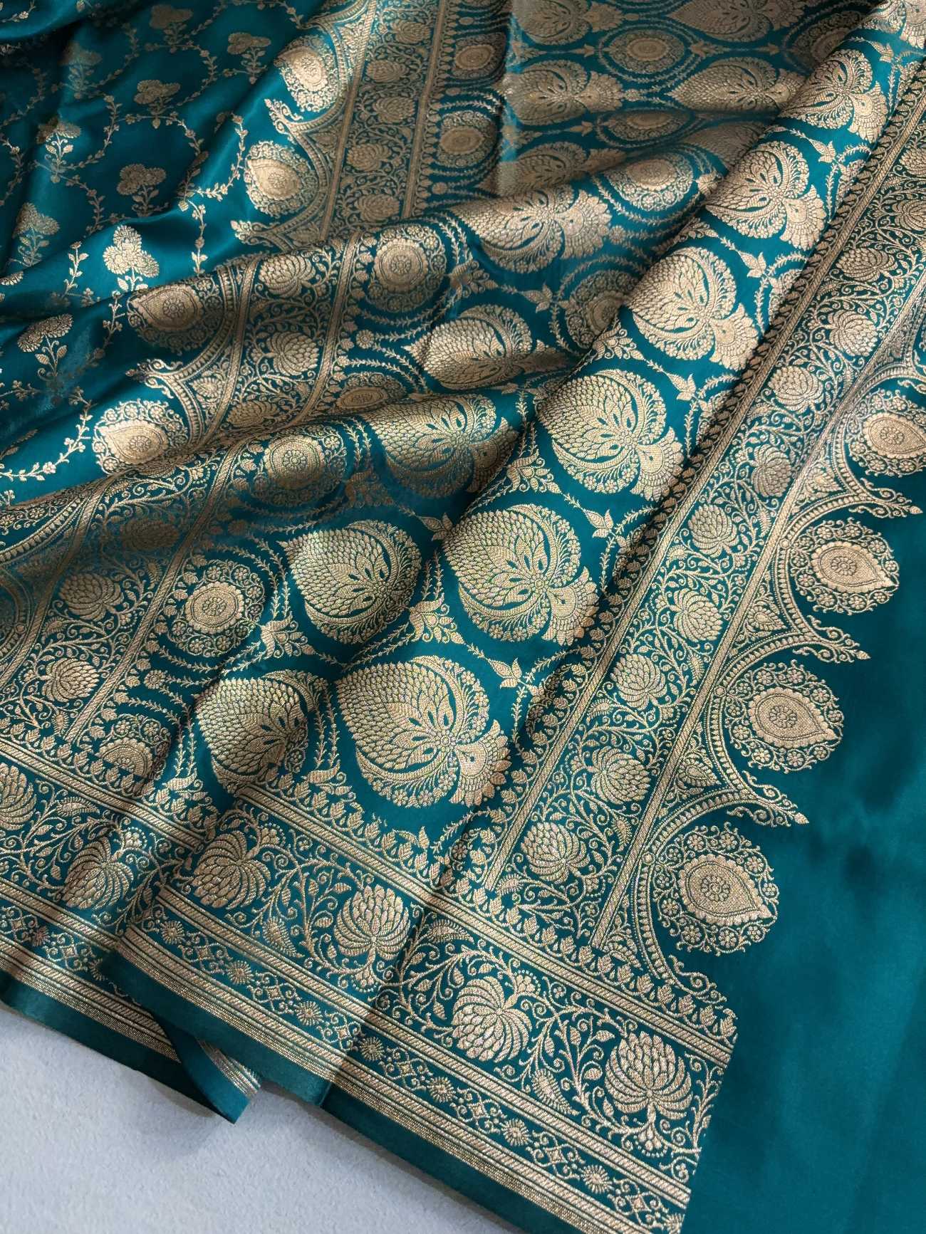 Satin Silk Saree Banarasi Jaal in Rama Green Shades