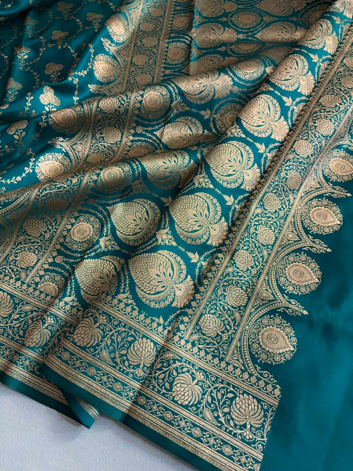 Satin Silk Saree Banarasi Jaal in Rama Green Shades