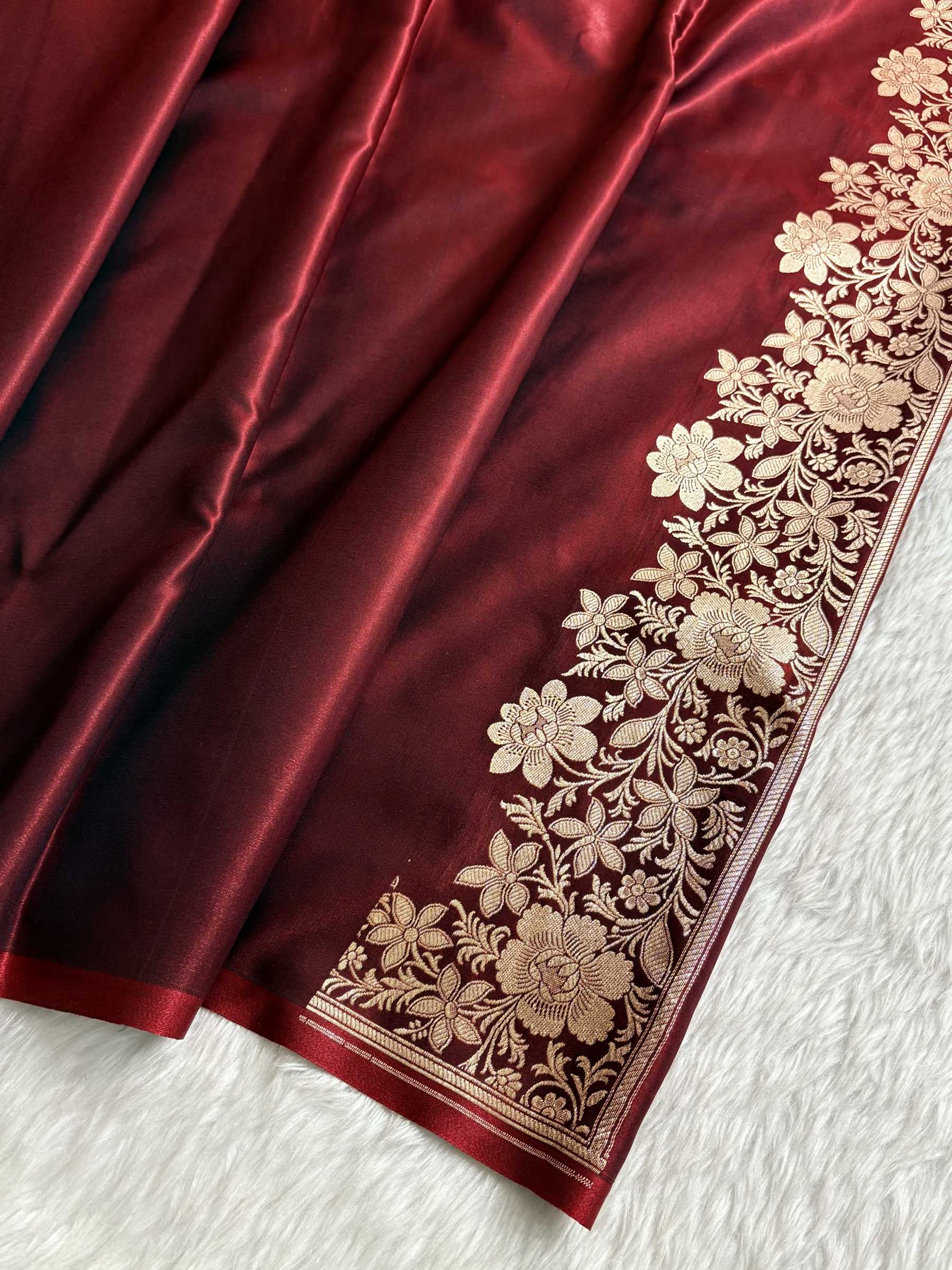 Laheriya Jaal Satin Silk Banarasi Saree Dark Maroon Shades